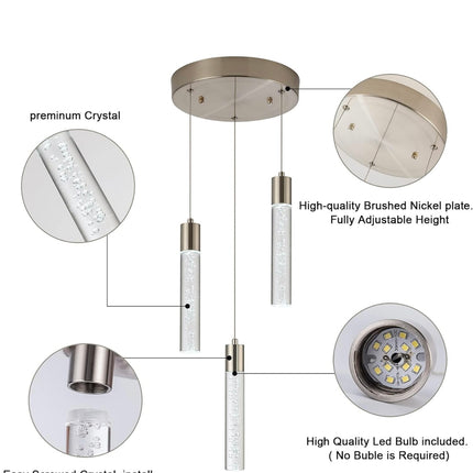 VOTAG 3-Light Pendant Light Fixture - Satin Nickel, Dimmable LED, Bubble Crystal Design, Open Box