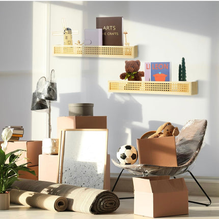 Qunclay 2 Pieces Rattan Floating Shelf 24 Inch - Boho Nursery Wall Shelves, Wicker Wall Shelf for Baby Room, Kids’ Bookcase - New Open Box