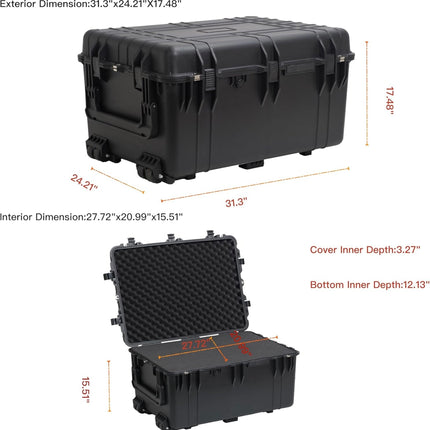 MEIJIA Portable Waterproof Protective Case - Hard Camera Case with Retractable Handle & Rolling Wheels, Customizable Foam Insert, 31.3” X 24.21” X 17.48”, Damaged