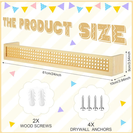 Qunclay 2 Pieces Rattan Floating Shelf 24 Inch - Boho Nursery Wall Shelves, Wicker Wall Shelf for Baby Room, Kids’ Bookcase - New Open Box