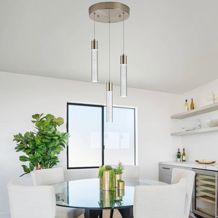 VOTAG 3-Light Pendant Light Fixture - Satin Nickel, Dimmable LED, Bubble Crystal Design, Open Box