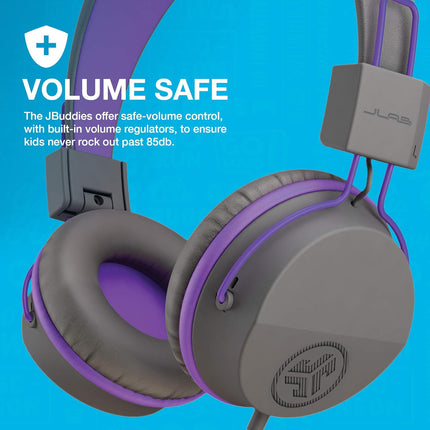JLab JBuddies Studio On-Ear Kids Wired Headphones with Mic - Graphite/Purple - New