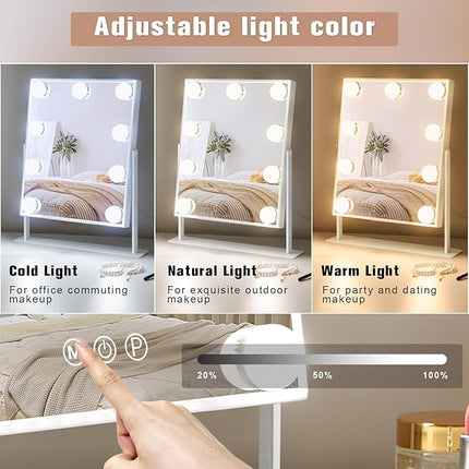 Vanity Mirror with Lights - Hollywood Lighted Makeup Mirror with 9 Dimmable Bulbs, 3 Color Lighting Modes, 10X Magnification, 360° Rotation (White) - Open Box