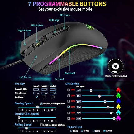 RGB Gaming Mouse Wired – 7200 DPI, Ergonomic, 7 Programmable Buttons – Open Box