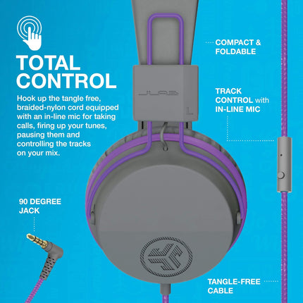 JLab JBuddies Studio On-Ear Kids Wired Headphones with Mic - Graphite/Purple - New