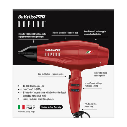 BaBylissPRO Nano Titanium Italian Rapido Hair Dryer - Professional, Lightweight 2000 Watt (New)