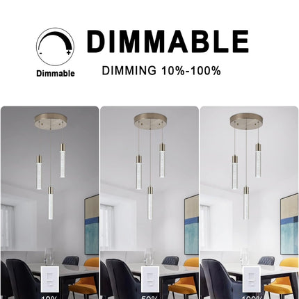 VOTAG 3-Light Pendant Light Fixture - Satin Nickel, Dimmable LED, Bubble Crystal Design, Open Box