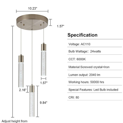 VOTAG 3-Light Pendant Light Fixture - Satin Nickel, Dimmable LED, Bubble Crystal Design, Open Box