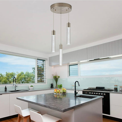 VOTAG 3-Light Pendant Light Fixture - Satin Nickel, Dimmable LED, Bubble Crystal Design, Open Box