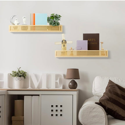 Qunclay 2 Pieces Rattan Floating Shelf 24 Inch - Boho Nursery Wall Shelves, Wicker Wall Shelf for Baby Room, Kids’ Bookcase - New Open Box