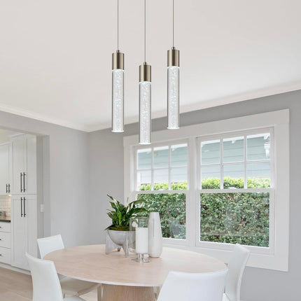 VOTAG 3-Light Pendant Light Fixture - Satin Nickel, Dimmable LED, Bubble Crystal Design, Open Box
