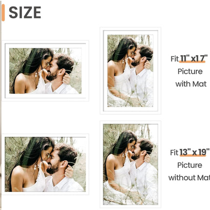 upsimple 13x19 Picture Frame - Display Pictures 11x17 with Mat or 13x19 Without Mat, Wall Hanging Photo Frame, White - New