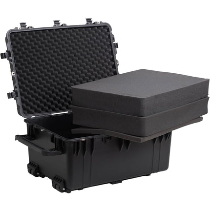 MEIJIA Portable Waterproof Protective Case - Hard Camera Case with Retractable Handle & Rolling Wheels, Customizable Foam Insert, 31.3” X 24.21” X 17.48”, Damaged