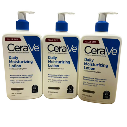 Three bottles of CeraVe Daily Moisturizing Lotion, value size, each 19 fl oz, for normal to dry skin.