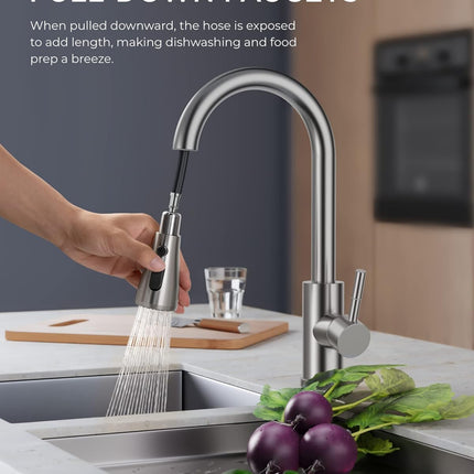 FORIOUS Kitchen Faucet - Open Box, Brushed Nickel with Pull Down Sprayer, High Arc Single Handle,