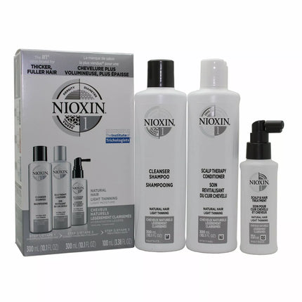 Nioxin System 1 Kit for Natural Hair with Light Thinning – 10.1 oz Shampoo, 10.1 oz Conditioner, 3.38 oz Scalp & Hair Treatment – New