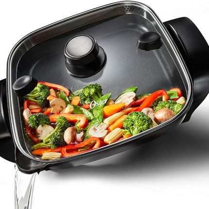 Oster DiamondForce 12"x12" Strain & Pour Electric Skillet - Nonstick Coating with Diamonds, Adjustable Temp, New