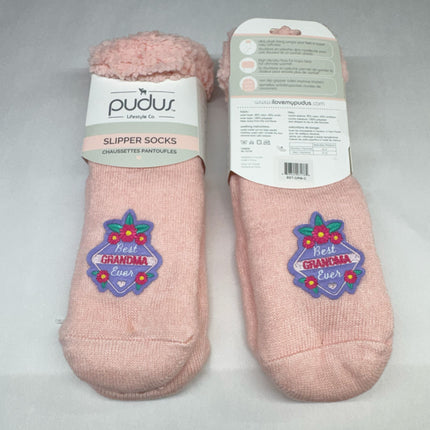 Pudus Slipper Socks 2-Pack Best Grandma Ever Pink Sherpa Lined Women’s 5–11 New