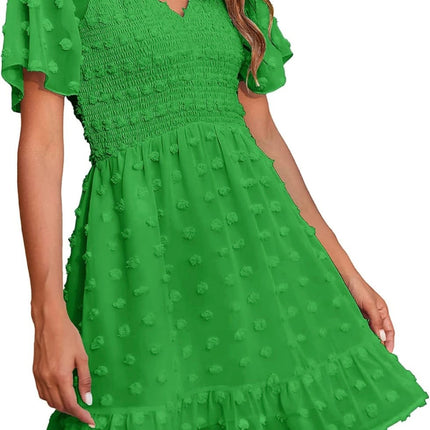 “BTFBM Women’s V Neck Smocked Short Sleeve Casual Dress, Swiss dot green, size small, new open box”
