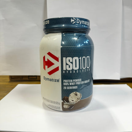 Dymatize ISO100 Hydrolyzed Protein Powder in Cookies & Cream flavor, 1.36lb container, 25g protein per serving, 20 servings
