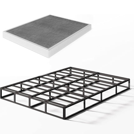 Heavy-duty steel bed frame with mattress foundation, queen size, white, open box, robust and durable support”