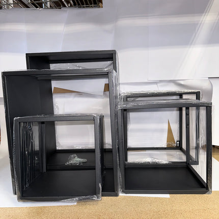 Modern 5-tier bookcase with unique stacking design, no screws required for assembly.”