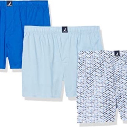 Nautica Men’s Woven Boxer Briefs 3-Pack, size L, 100% cotton with various colors and patterns”