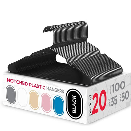 Sharpty Plastic Hangers, 20-pack, black, slim space-saving design, heavy-duty, notched”