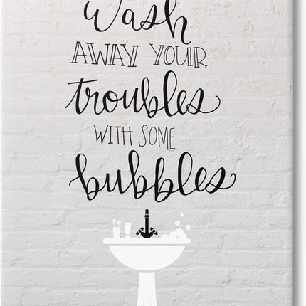 Stupell Industries Wash Troubles with Bubbles Canvas Wall Art, 24x24, new open box, small hole, slight dirt on back, inspirational bathroom decor”