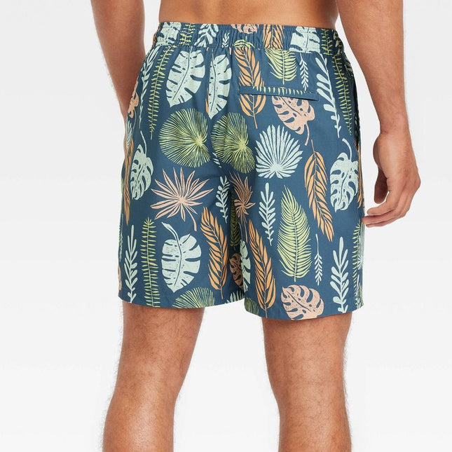 Men's 7" Leaf Print Elevated Elastic Waist Swim Shorts With Boxer Brief Liner - Goodfellow & Co™, New, Navy Blue, Size M