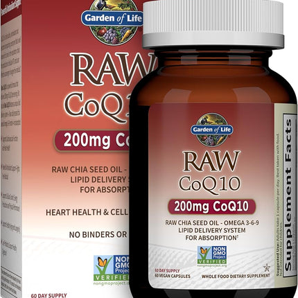 Garden of Life Raw CoQ10 200mg, with Omega 3 6 9 for Heart Health, 60ct - EXP- 11/2026
