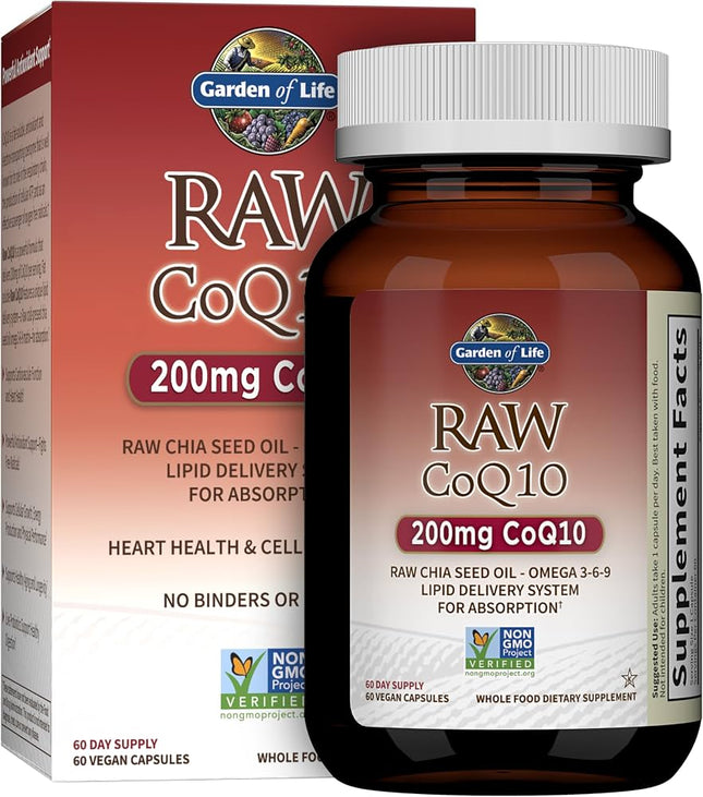 Garden of Life Raw CoQ10 200mg, with Omega 3 6 9 for Heart Health, 60ct - EXP- 11/2026