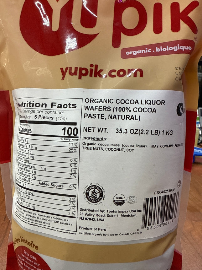Yupik Organic Cocoa Liquor Wafers, 100% Cocoa, 2.2 lb (35.2 oz), Gluten-Free, GMO-Free, EXP. 03/21/2027