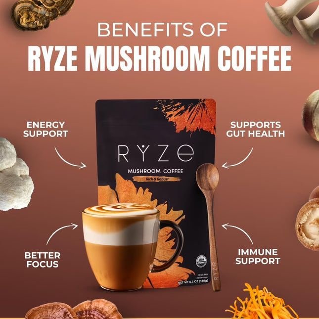 RYZE SUPERFOODS Mushroom Coffee Dark Roast, 6 Adaptogenic Mushrooms & Prebiotic Blend - 30 Servings