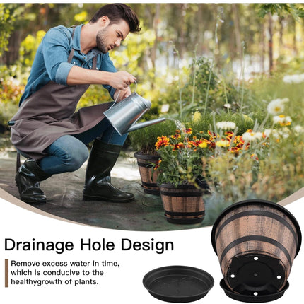 Quarut 3 Pack 10 Inch Plant Pots, Whiskey Barrel Planters with Drainage Holes & Saucer – Imitation Wine Barrel Design for Indoor & Outdoor Garden – Brown, New Open Box