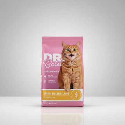 Dr. Bales cat food package with a cat on a pink background
