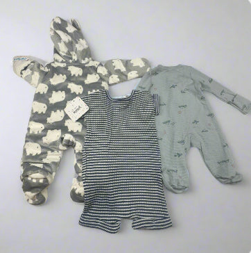 Baby 3-Pack Gray Bear Hooded Suit, Blue Dinosaur Footie Pajamas, and Mickey Mouse Striped Romper Size NB (0 Months) - New