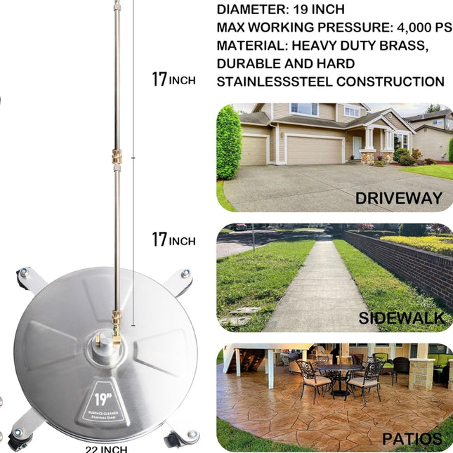 Hourleey 19” Pressure Washer Surface Cleaner, Stainless Steel with 4 Wheels, 4000 PSI - New Open Box