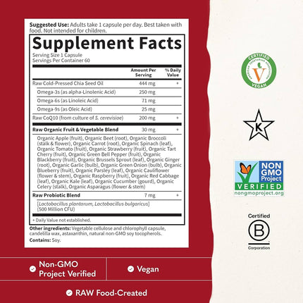 Garden of Life Raw CoQ10 200mg, with Omega 3 6 9 for Heart Health, 60ct - EXP- 11/2026
