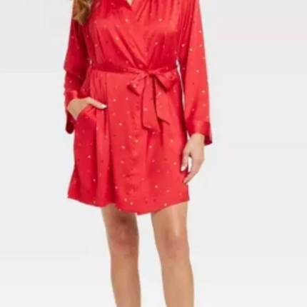 Red satin robe Stars Above M/L with heart print and matching belt, new with tag.