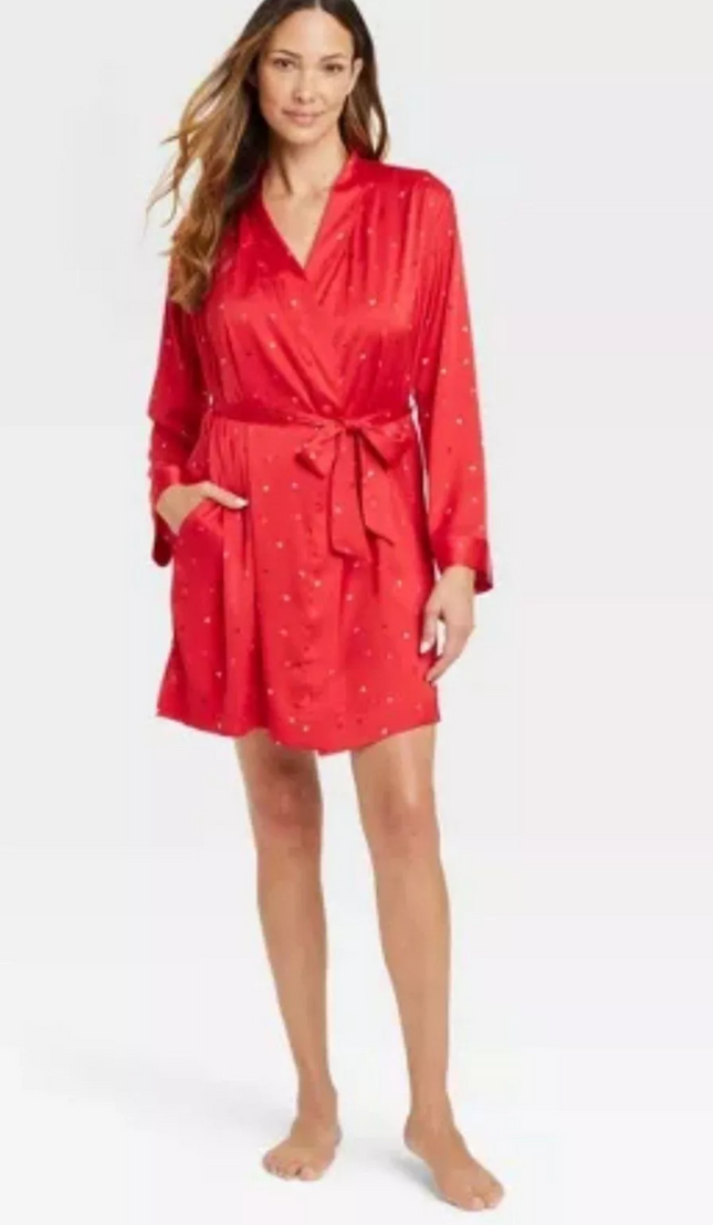 Red satin robe Stars Above M/L with heart print and matching belt, new with tag.