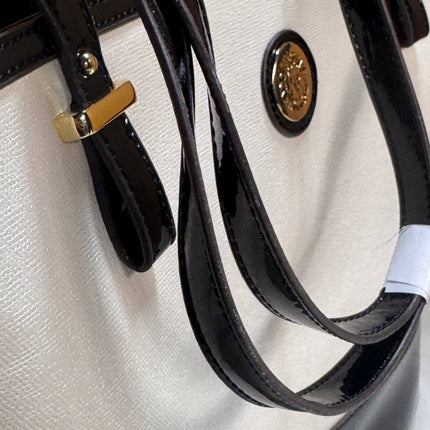 Anne Klein Perfect Pairs Large Tote Bag White Canvas Black Patent Shoulder Purse