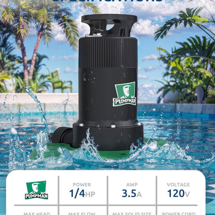 PUMPMAN Automatic Submersible Pool Cover Pump 110 V 1/4 HP 2800 GPH with 2/5” W 10Ft Power Cord