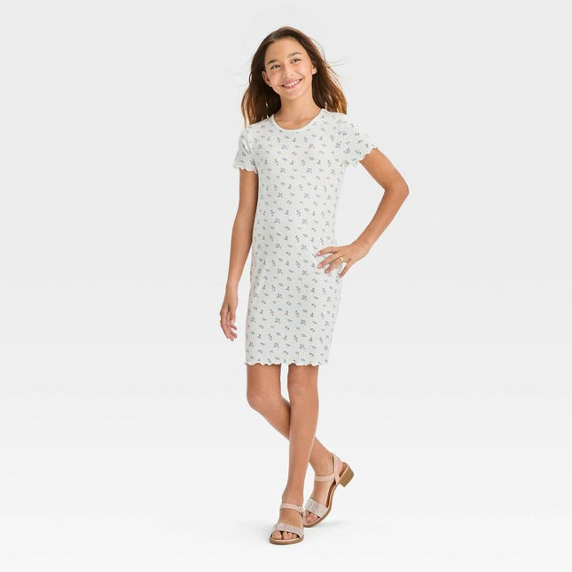 Girls' Short Sleeve Rib-Knit Dress - Art Class™, New - White Floral, Size 8