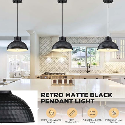  10" Farmhouse Black Kitchen Pendant Light Fixture, 3-Pack, Medium Honeycomb Texture (New)