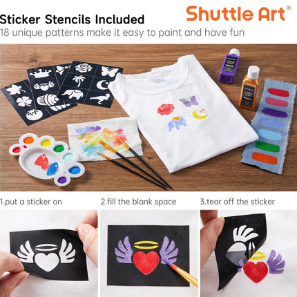 Shuttle Art Fabric Paint 18 Colors Permanent Soft Fabric Paint Set (60ml/2oz) with Brushes, Palette, Stencils, Open Box