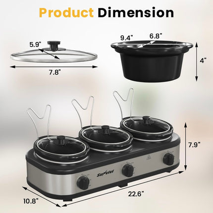 Sunvivi Triple Slow Cooker, Buffet Server and Food Warmer - 3 Pots, Adjustable Temp, Stainless Steel, Open Box