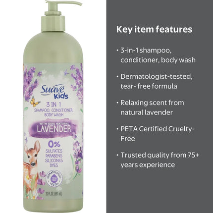 Suave Kids Lavender 3in1 Shampoo Conditioner Body Wash, 16.5 fl oz