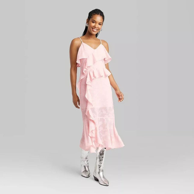 Wild Fable blush pink ruffle midi dress with V-neck and floral pattern in size M.