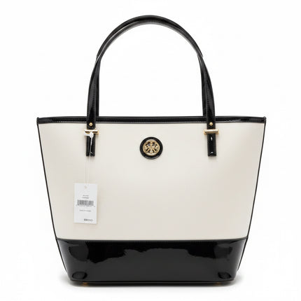 Anne Klein Perfect Pairs Large Tote Bag White Canvas Black Patent Shoulder Purse